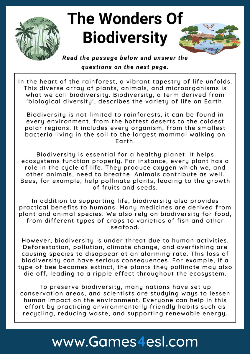 Biodiversity Reading Comprehension Games4esl Human Impact On The Environment Reading And Worksheet Flying Colors Science