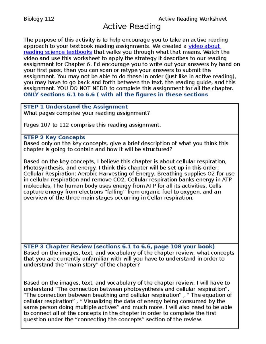 Biology 112 Active Reading Worksheet For Chapter 6 Cellular Respiration Studocu Biology 112 Active Reading Worksheet For Chapter 6 Cellular Respiration Studocu