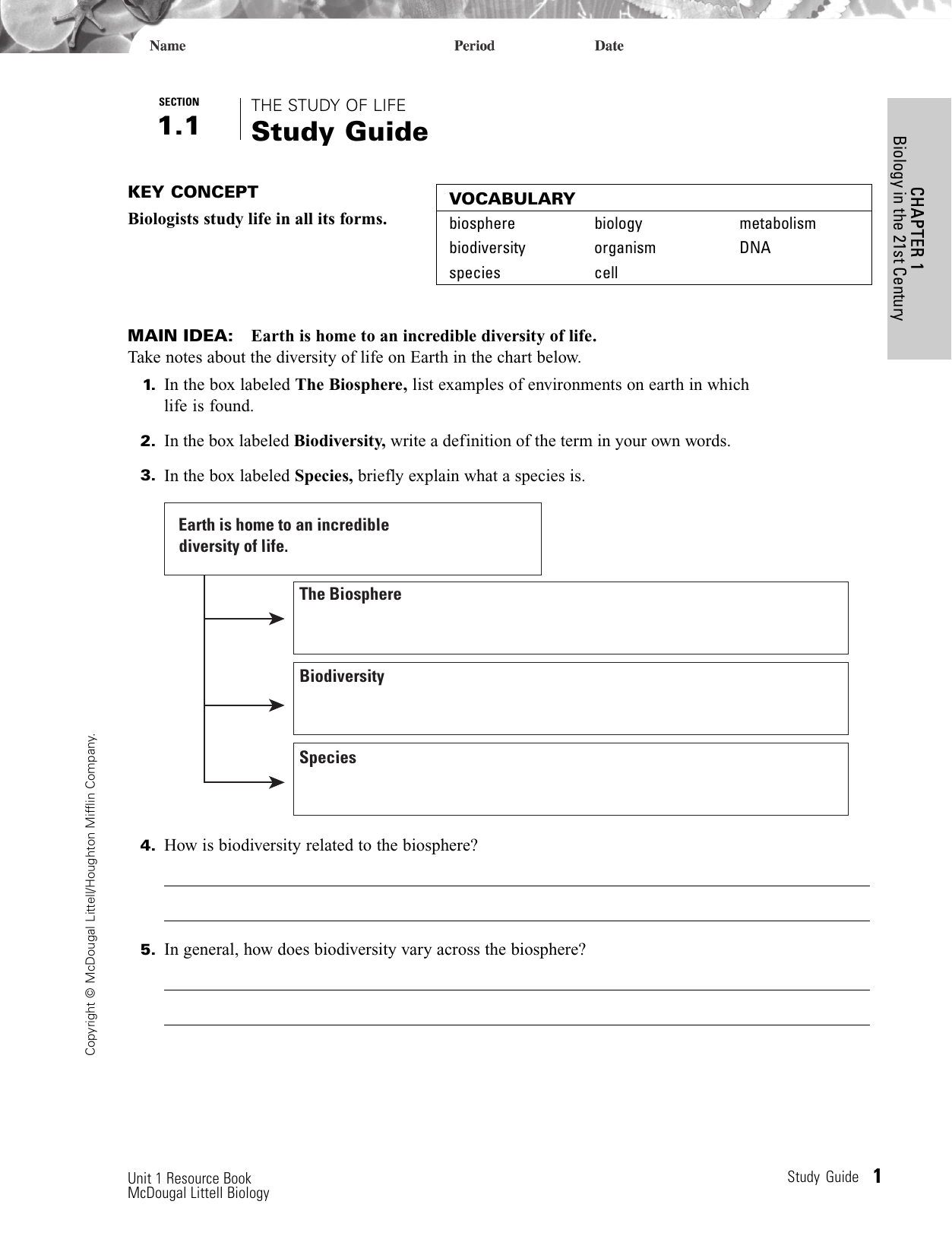 Biology Study Guide Chapter 1 The Study Of Life