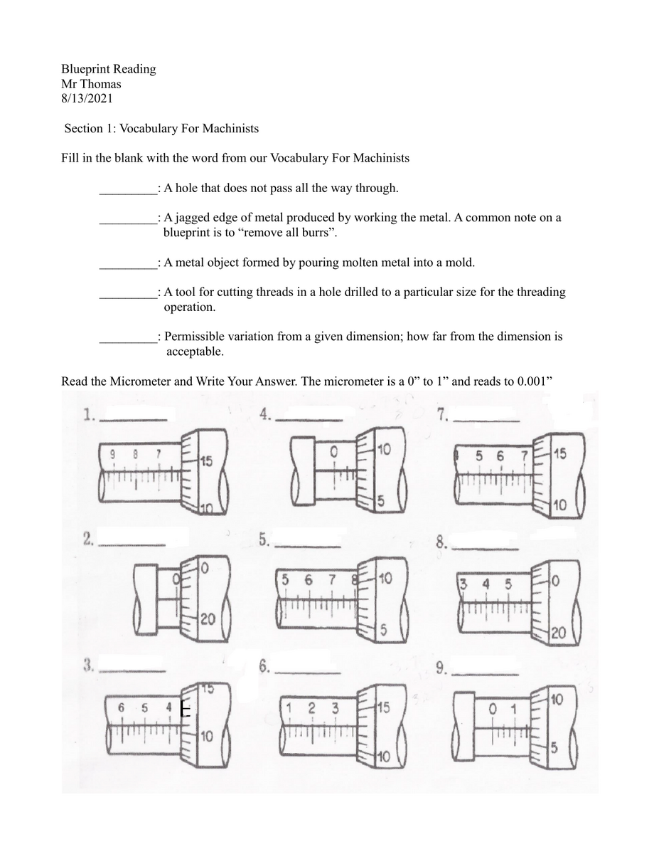 Blueprint Reading Worksheet For Machinists