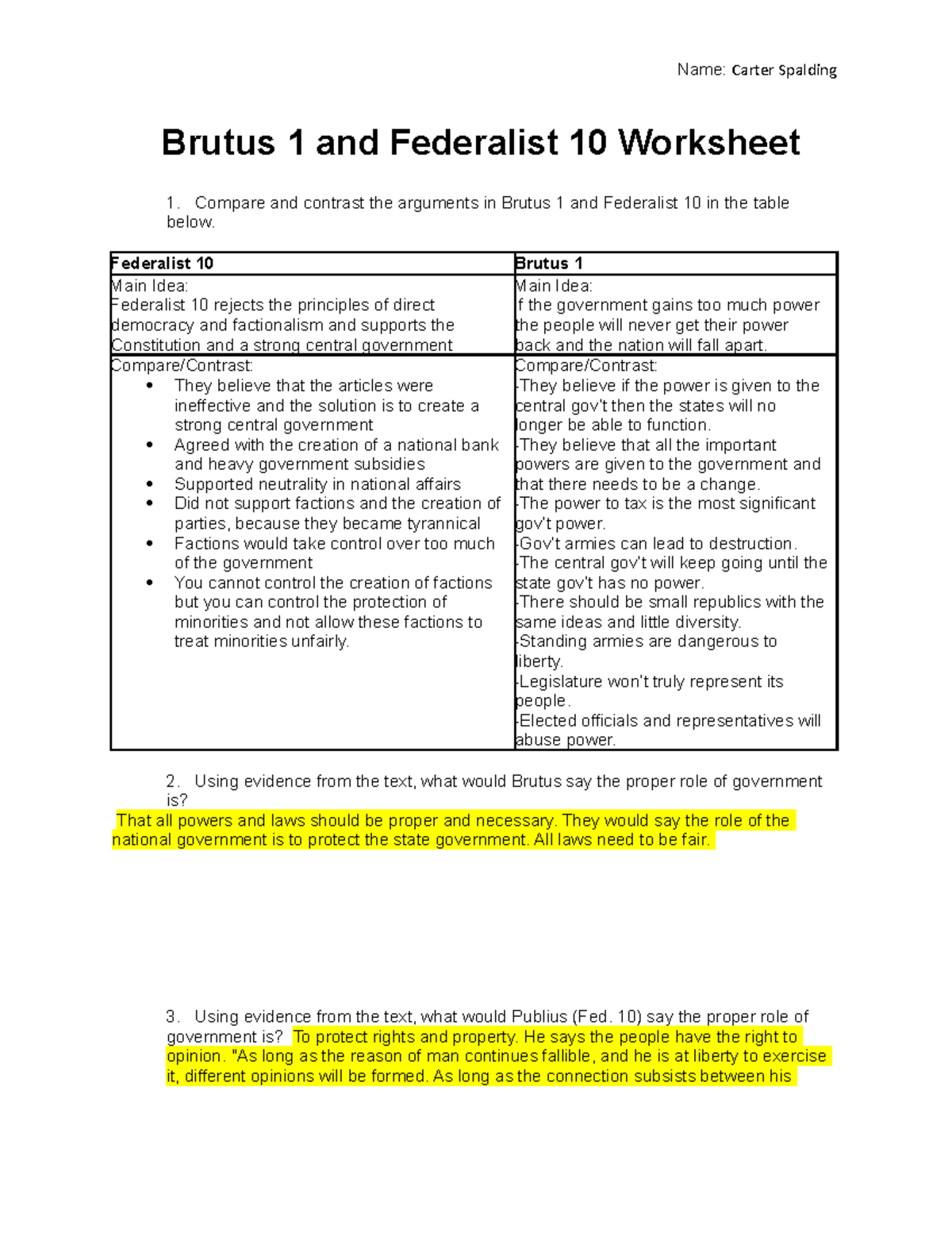 Brutus 1 Federalist 10 Analysis Worksheet For AP Gov CIV 101 Studocu
