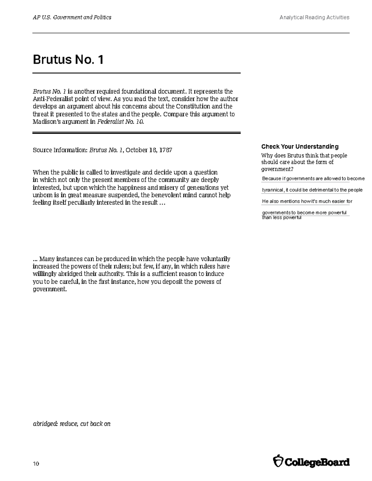 Brutus No 1 Analysis Anti Federalist Concerns In Context Studocu AP Gov WS Brutus 1 Excerpts Summaries And Annotations Studocu