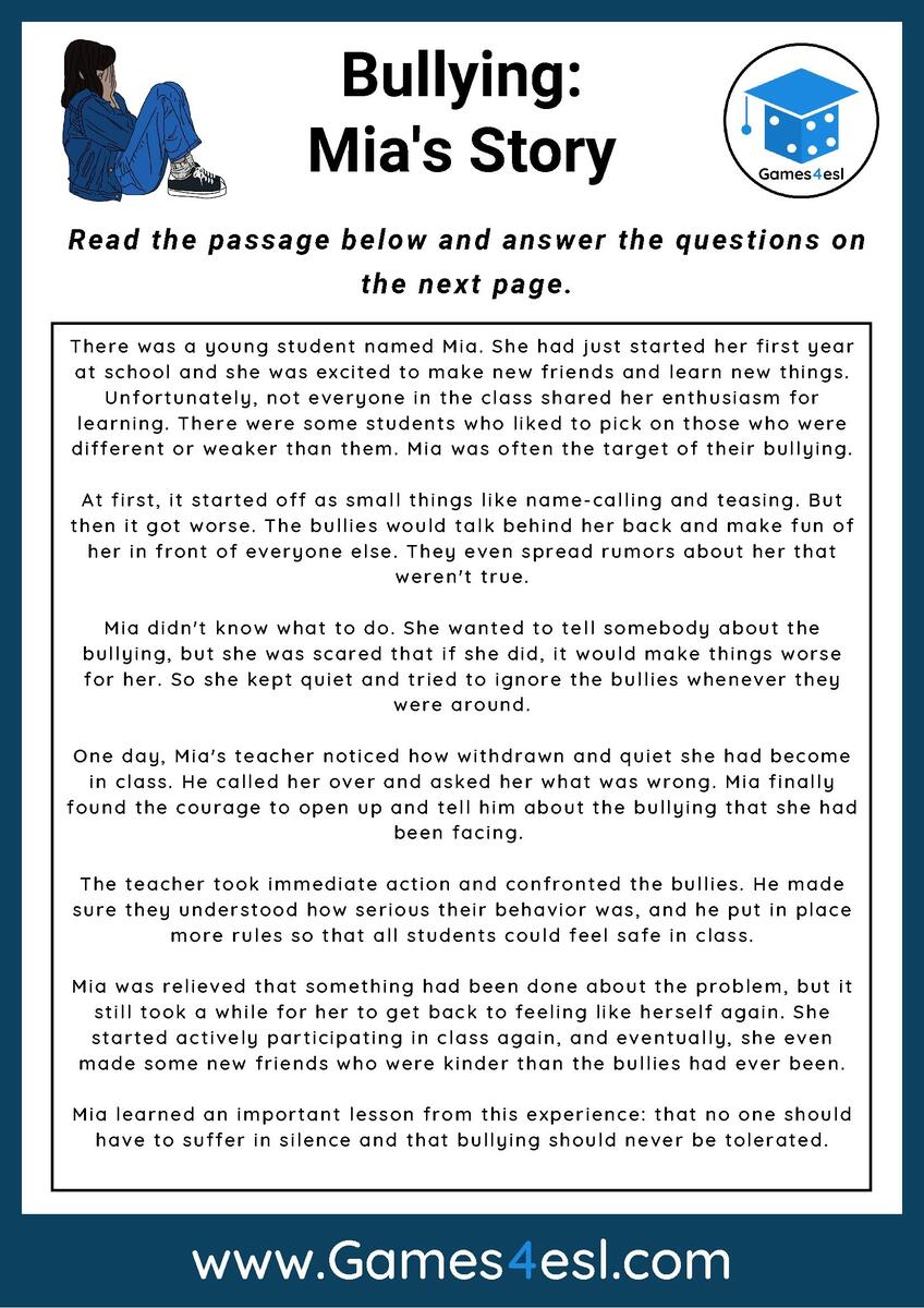 Bullying Reading Comprehension Worksheet Games4esl Bullying Reading Comprehension Worksheet Games4esl