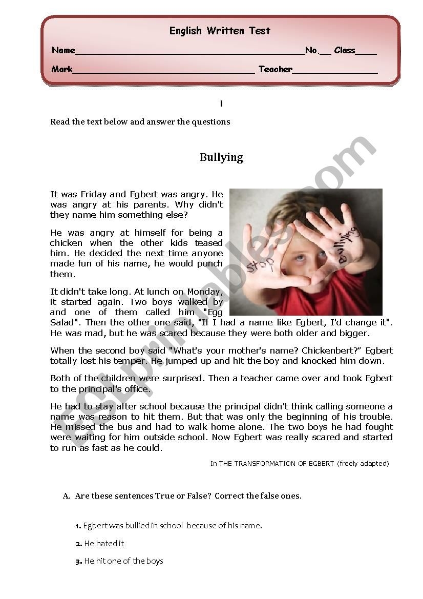 Bullying Reading Comprehension Written Test ESL Worksheet By C Lia Machado Bullying Reading Comprehension Written Test ESL Worksheet By C Lia Machado