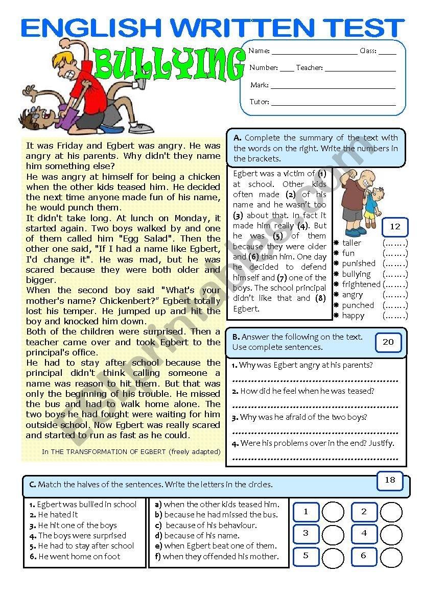 BULLYING TEST 7th Grade Key Included ESL Worksheet By Cagreis BULLYING TEST 7th Grade Key Included ESL Worksheet By Cagreis