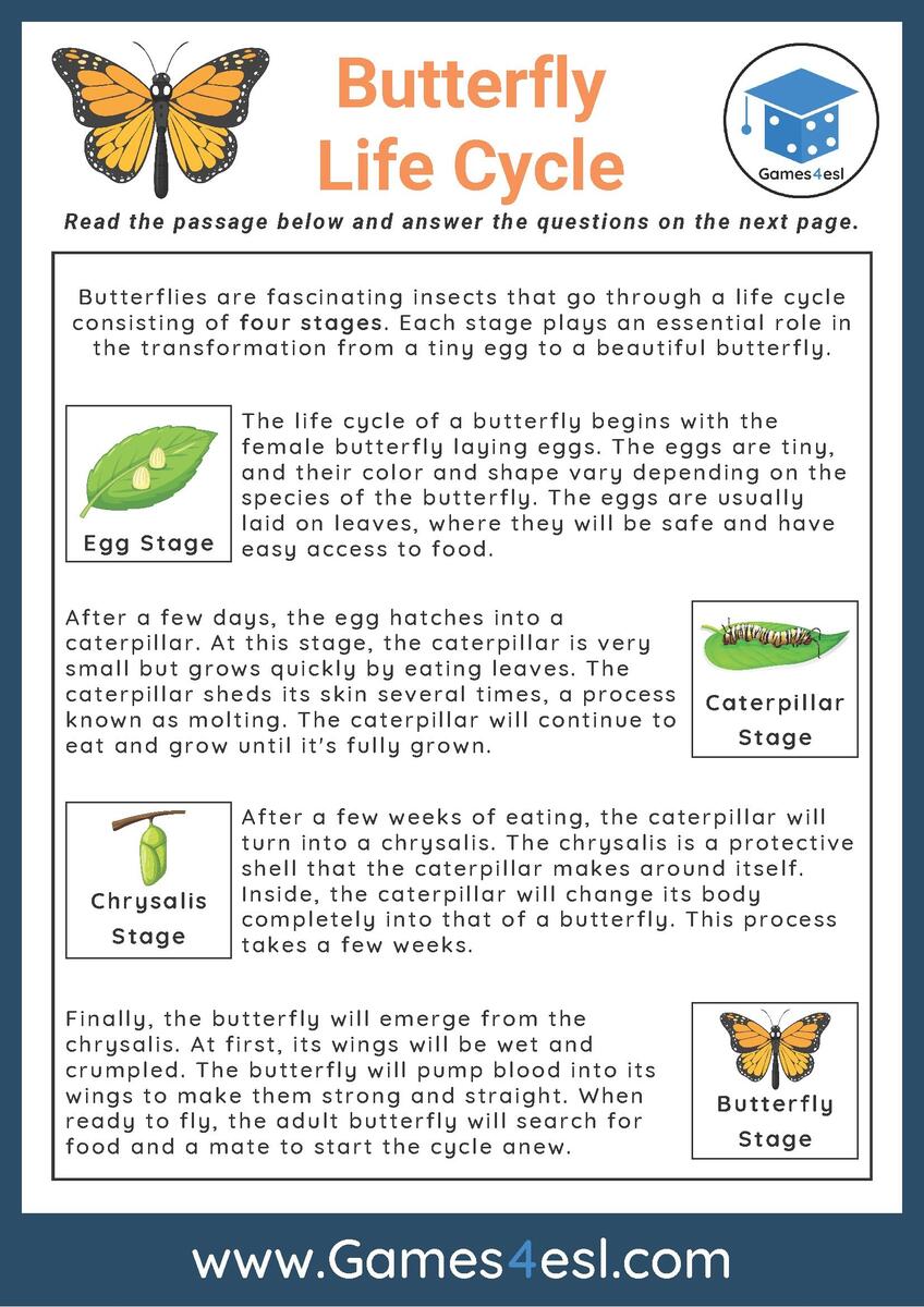 Butterfly Life Cycle Reading Comprehension Worksheet Games4esl Adapted Book Unit The Life Cycle Of A Butterfly Printable And Digital Chalkboard Superhero