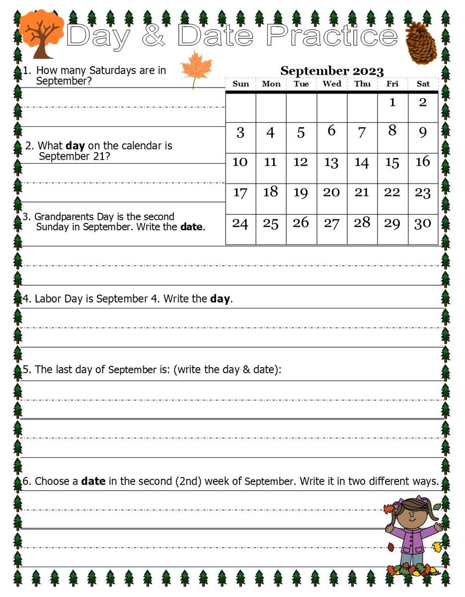 Calendar Practice Worksheet September 2023 FREE Fall Autumn Back To School Made By Teachers Free Preschool Time Reading Practice Worksheet
