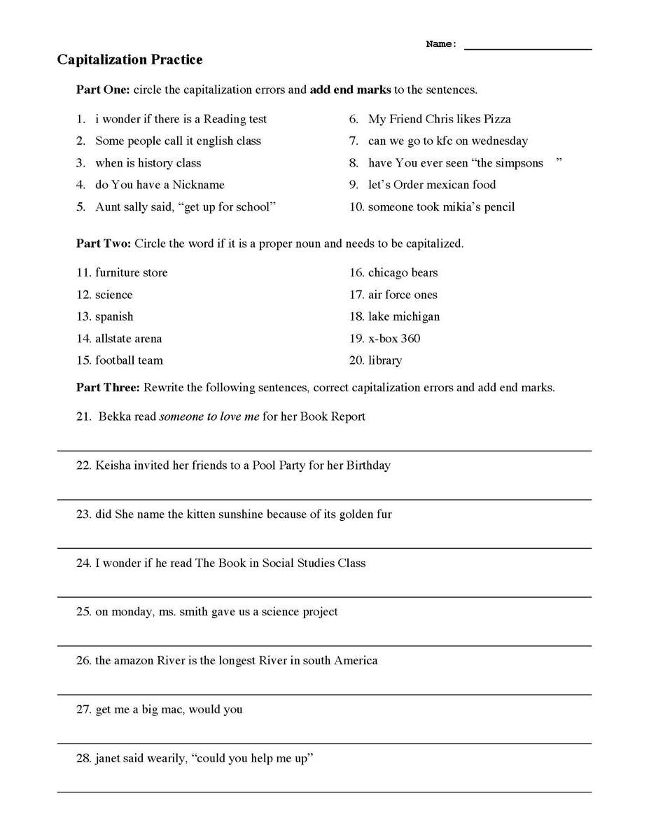 Capitalization Practice Worksheet Grammar Activity Reading Worksheets Comprehension And Inference Skills