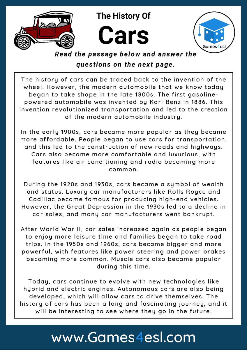 Cars Reading Comprehension Worksheet Games4esl