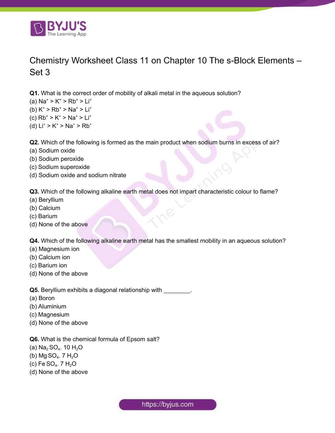 CBSE Class 11 Chemistry Chapter 10 The S Block Elements Worksheet Set 3