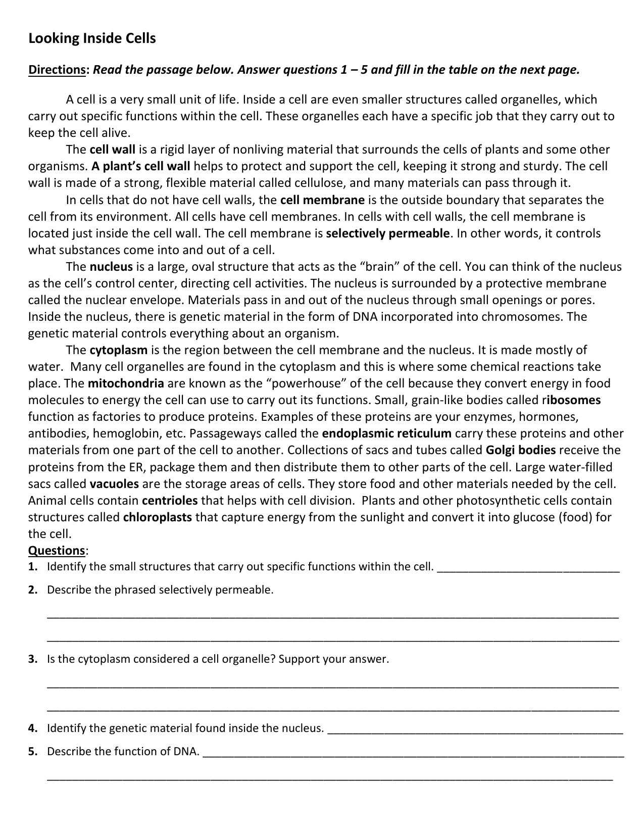 Cell Structure Function Worksheet Organelles Cells Their Organelles Reading Activity By Teach Simple