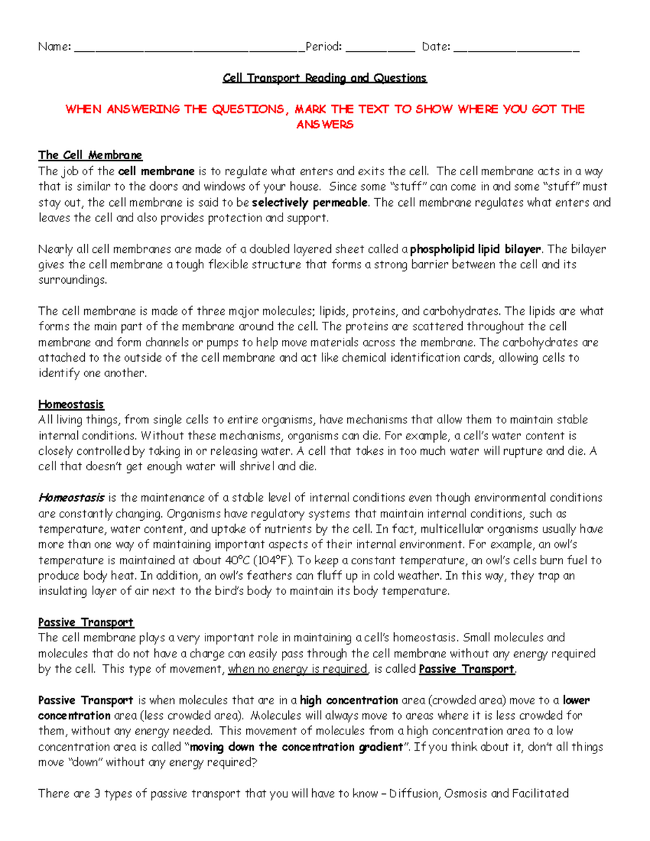 Cell Transport Reading Questions Understanding Membrane Function Studocu Cell Transport Reading Questions Understanding Membrane Function Studocu