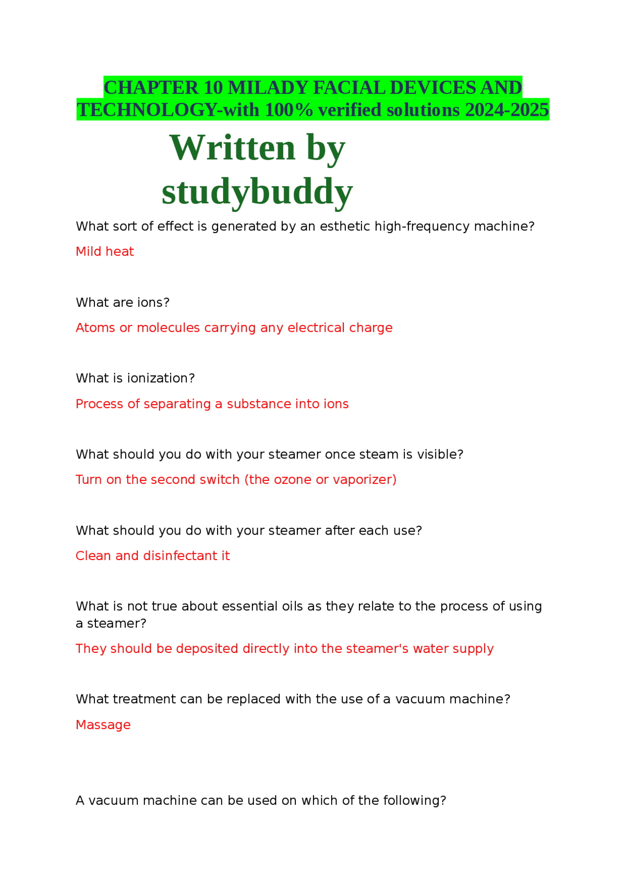 CHAPTER 10 MILADY FACIAL DEVICES AND TECHNOLOGY with 100 Verified Solutions 2024 2025 Exams Nursing Docsity
