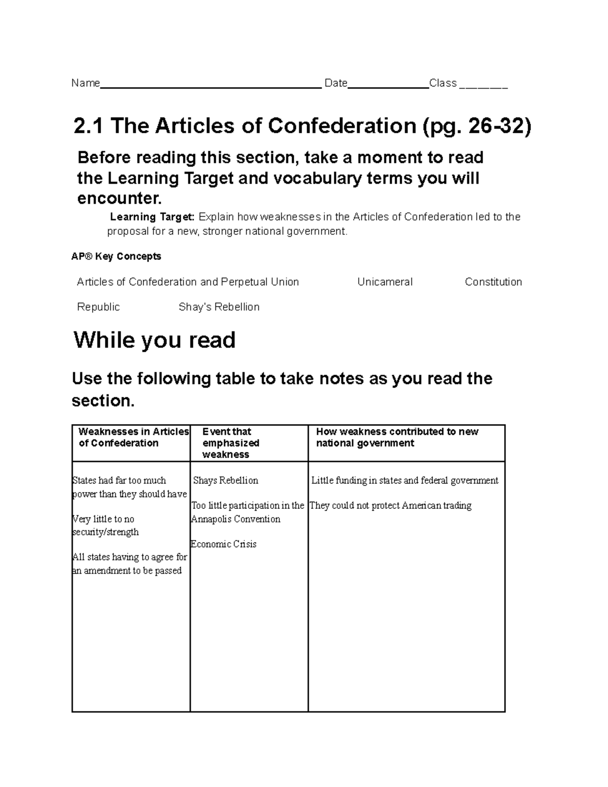 Chapter 2 Reading Guide The Articles Of Confederation Government Dynamics 2023 Studocu