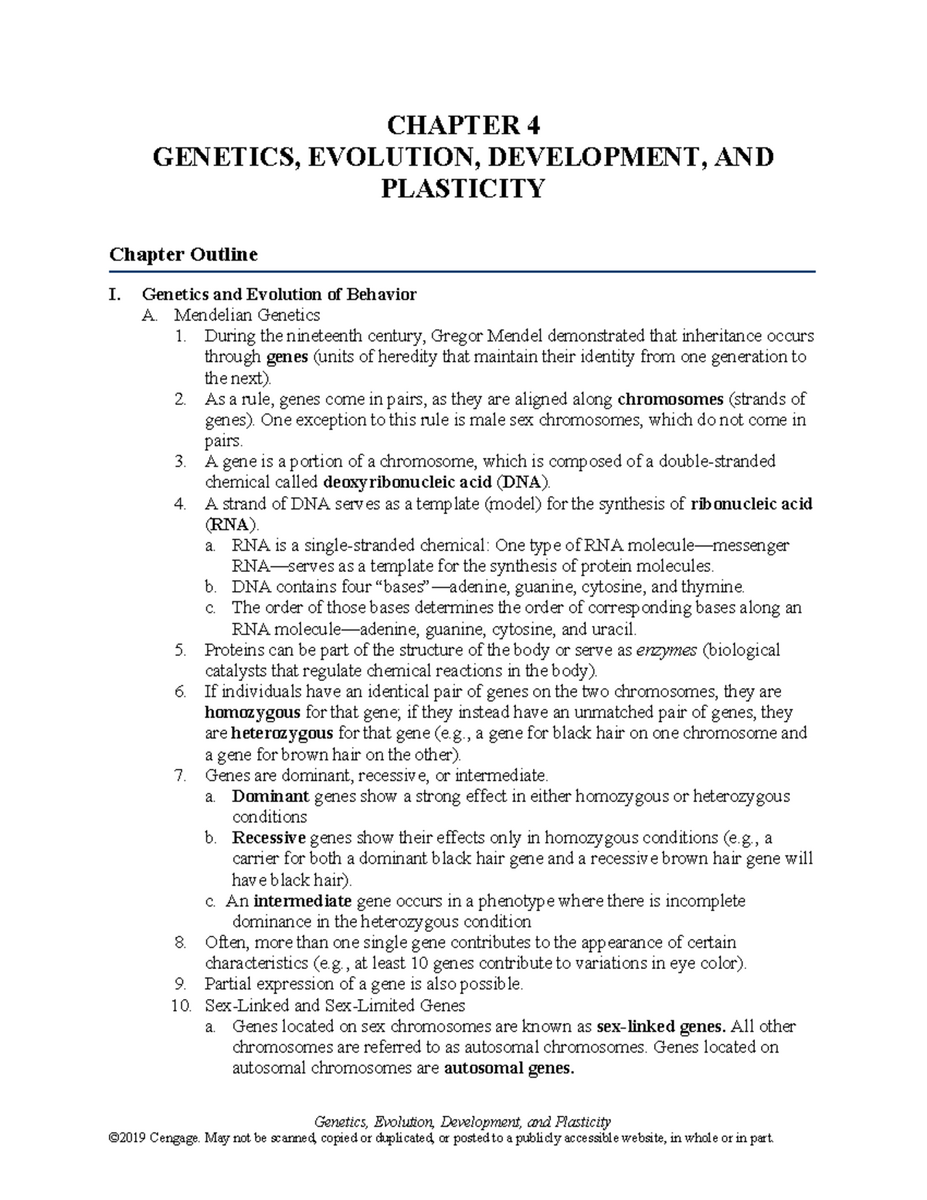 Chapter 4 Outline Genetics Evolution Development Plasticity Studocu Directed Reading B