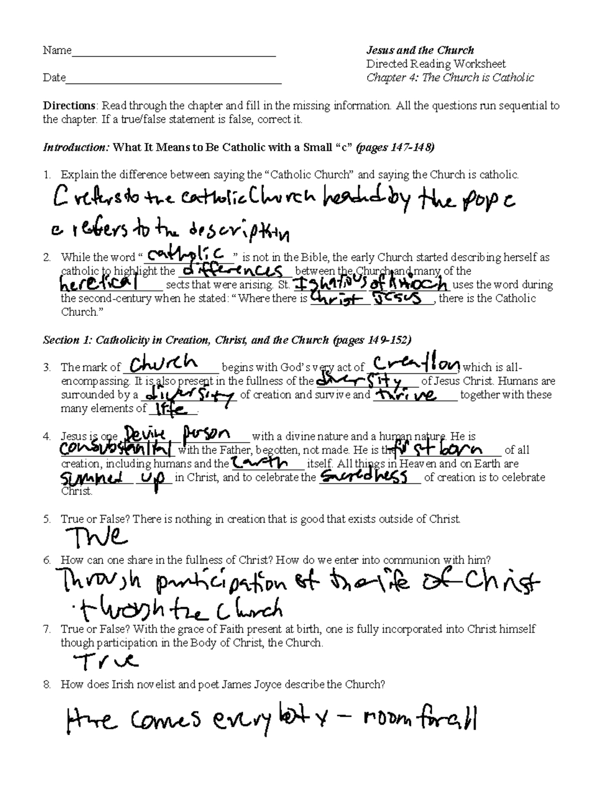 Chapter 4 The Church Is Catholic 3303723 Study Worksheet Studocu