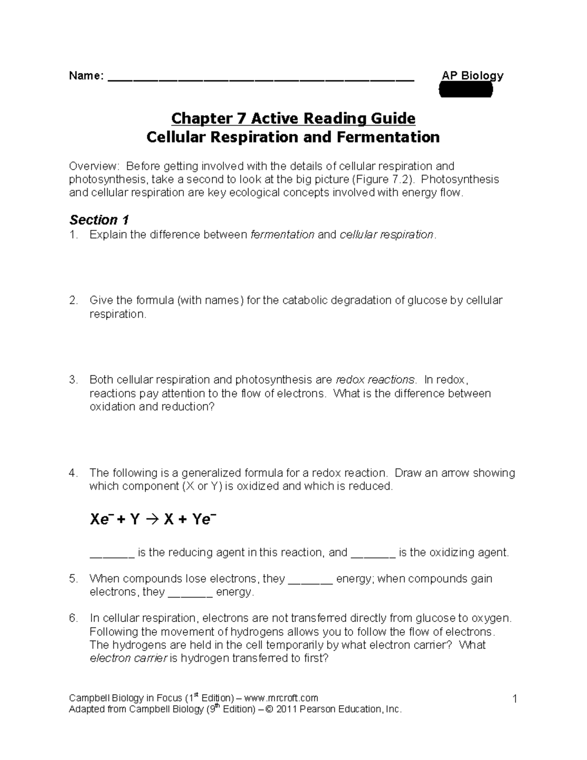 Chapter 7 Active Reading Guide Cellular Respiration Fermentation AP Bio Studocu