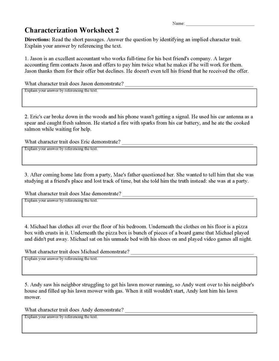 Characterizations Worksheet 2 Reading Activity