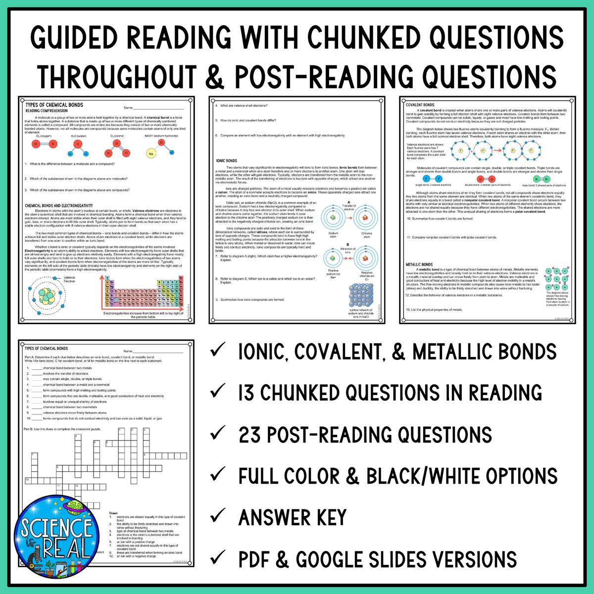 Chemical Bonds Guided Reading Comprehension Ionic Covalent Metallic Classful