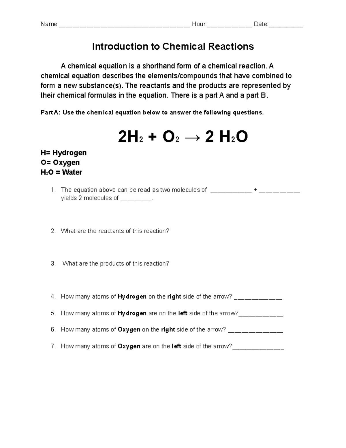 Chemical Reactions Worksheet Introduction To Equations Studocu