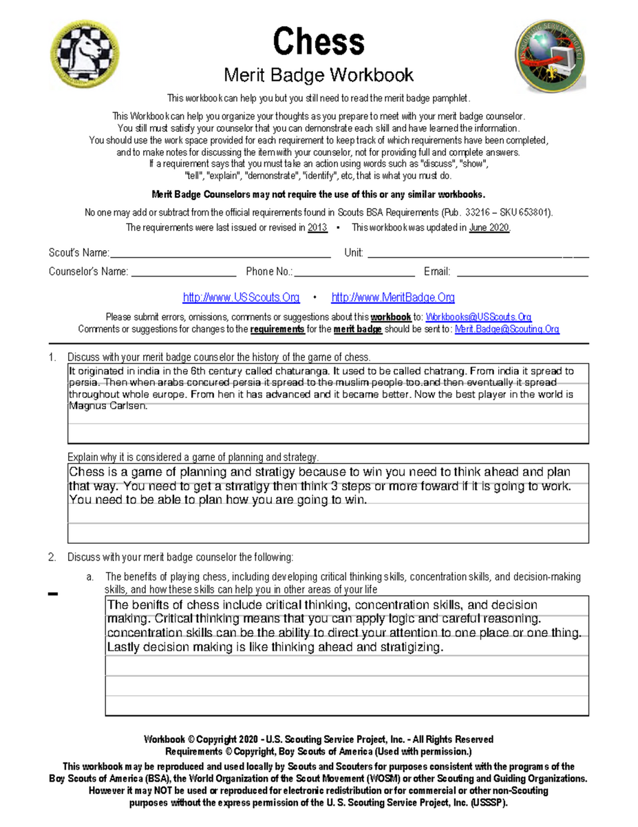 Chess Merit Badge Workbook Preparation Requirements Guide Studocu