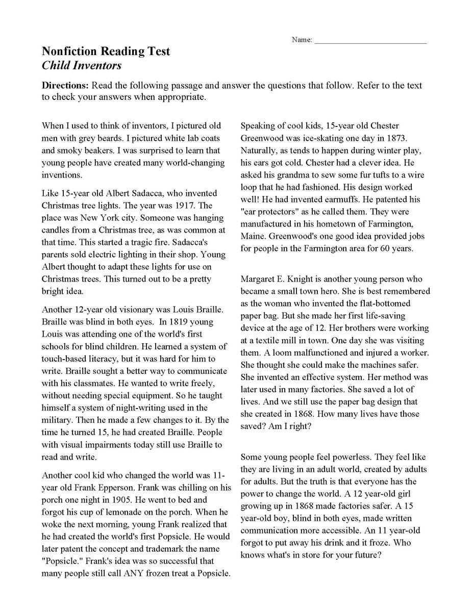 Child Inventors Nonfiction Reading Activity Child Inventors Nonfiction Reading Activity