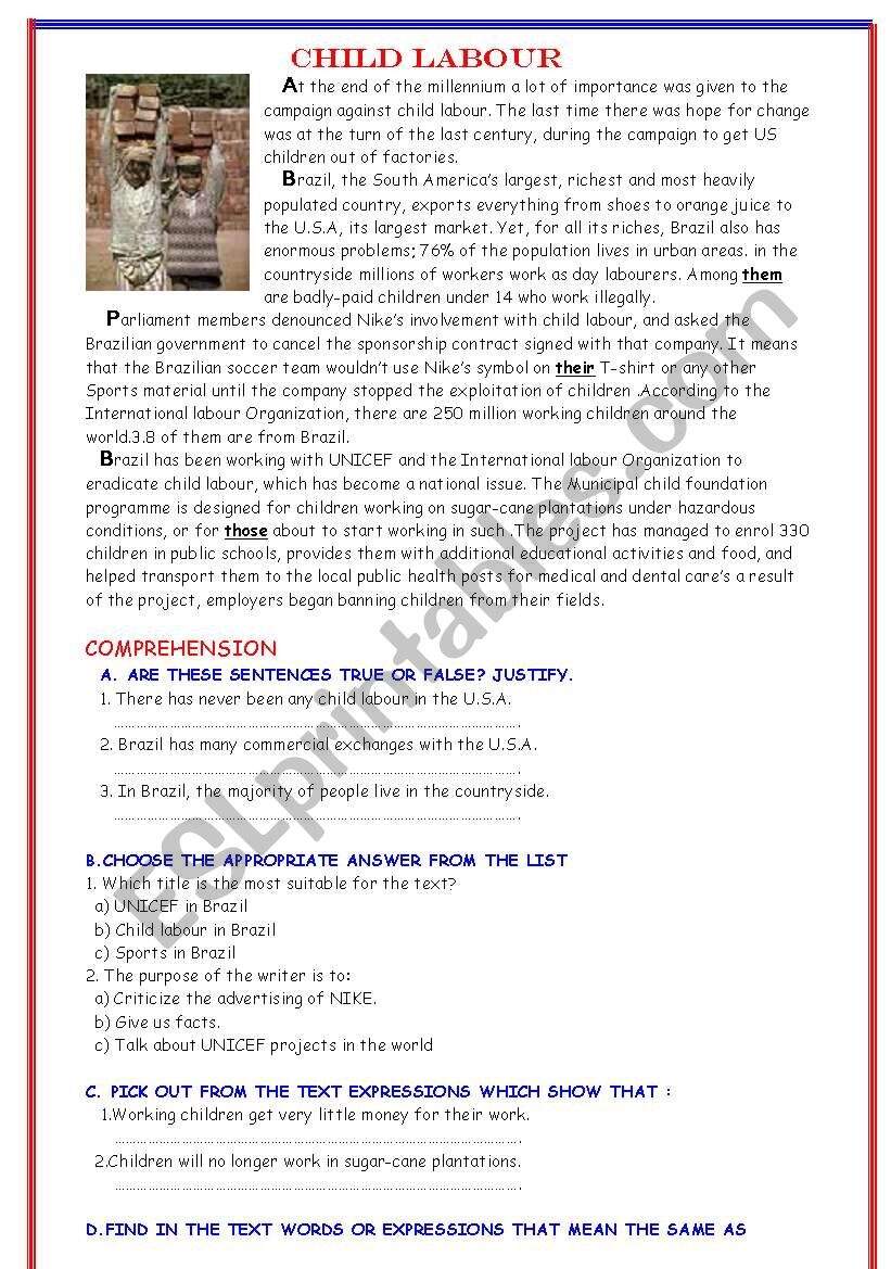 Child Labor ESL Worksheet By Qastal