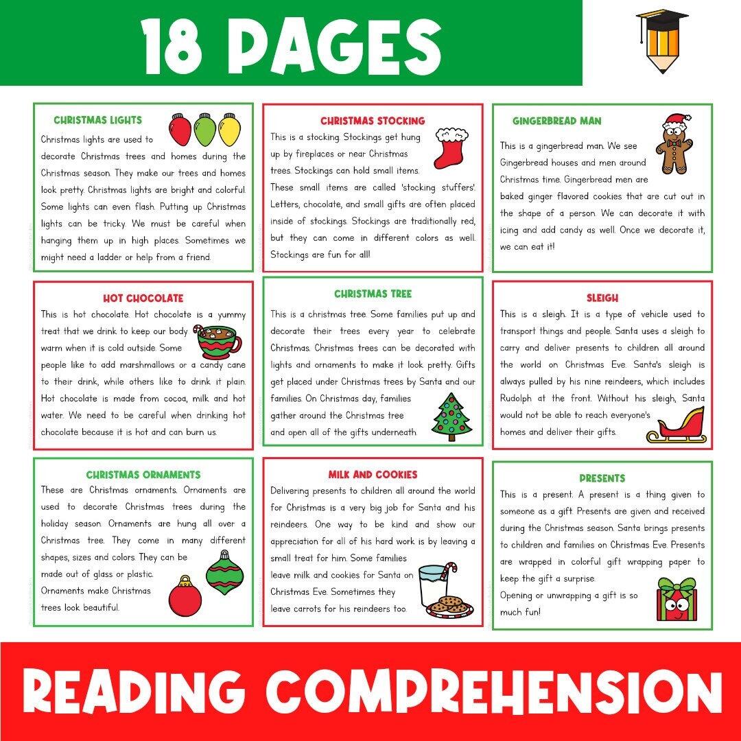 CHRISTMAS READING COMPREHENSION Christmas Worksheets Reading And Writing Preschool Kindergarten Grade One Literacy Centers Christmas Reading Comprehension Printable Kindergarten First Grade Worksheets Instant Download Fluency Worksheet English Learing Etsy
