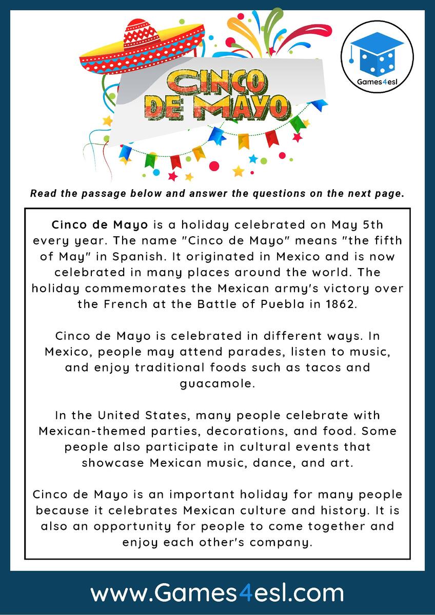 Cinco De Mayo Reading Comprehension Worksheet Games4esl Reading Comprehension Worksheets In Spanish Srta Spanish