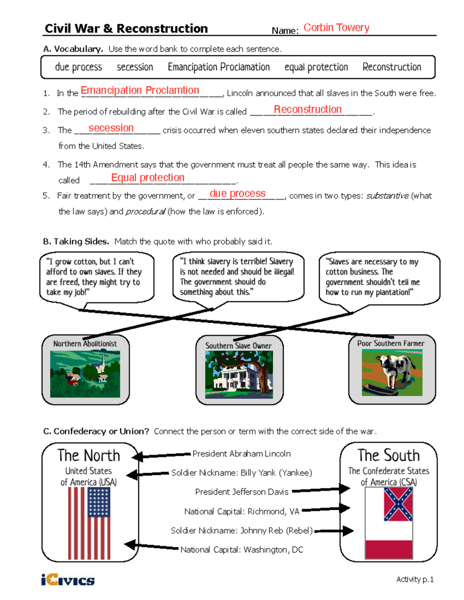 CIVIL 101 Civil War Reconstruction Worksheet Activities Studocu