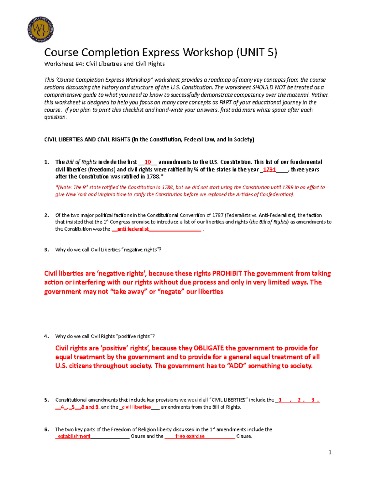 Civil Liberties And Civil Rights UNIT 5 Worksheet Overview Studocu