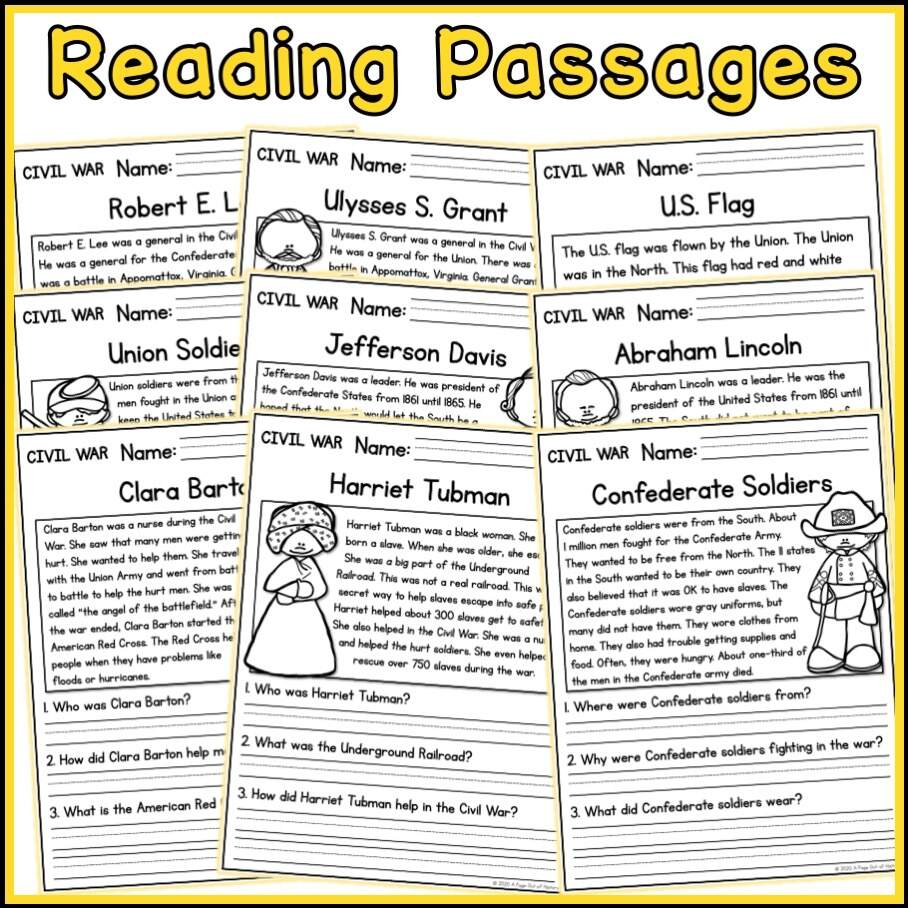 Civil War Social Studies Reading Comprehension Passages K 2 Made By Teachers Civil War Social Studies Reading Comprehension Passages K 2 Made By Teachers