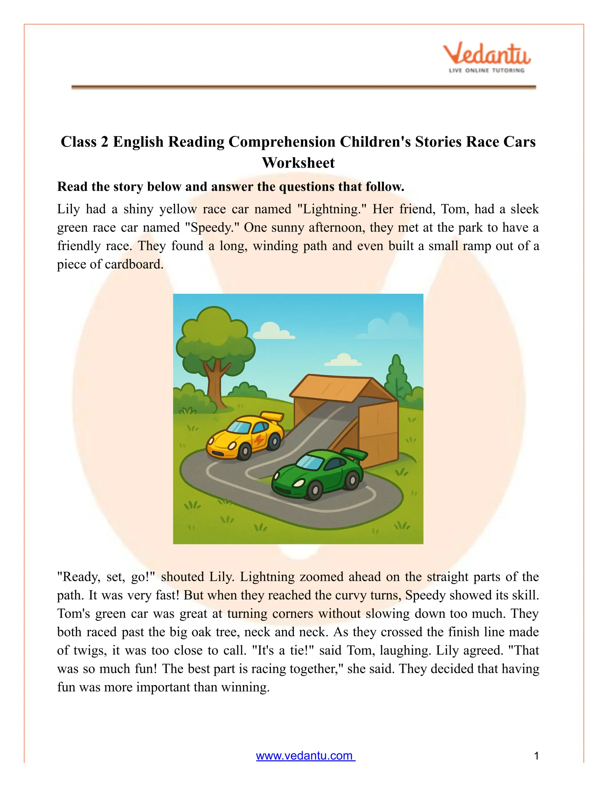 Class 2 Reading Comprehension Worksheet Race Car Story PDF
