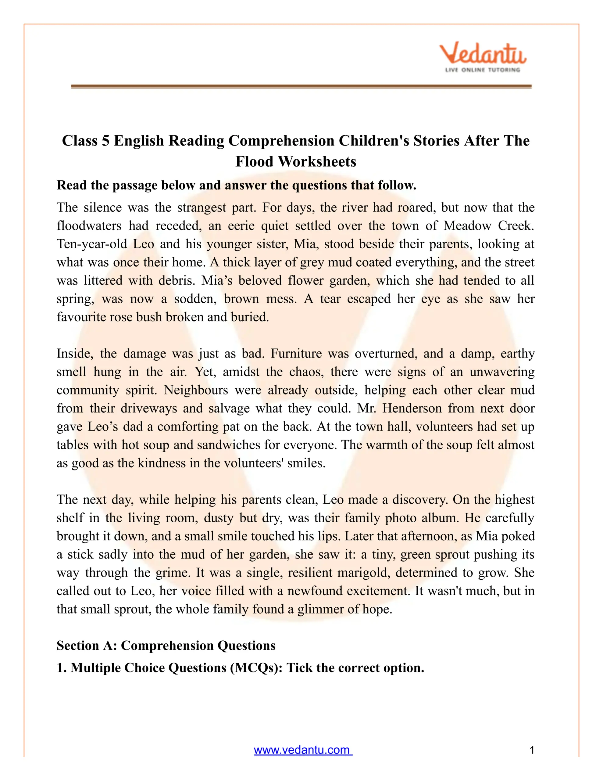 Class 5 Reading Comprehension Worksheet After The Flood Class 5 Reading Comprehension Worksheet After The Flood