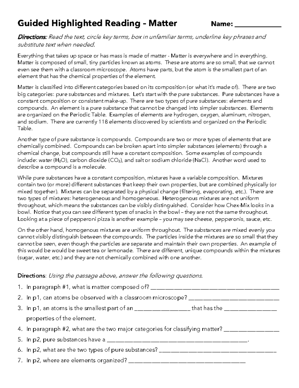 Classifying Matter Guided Questions And Graphic Organizer Science 101 Studocu