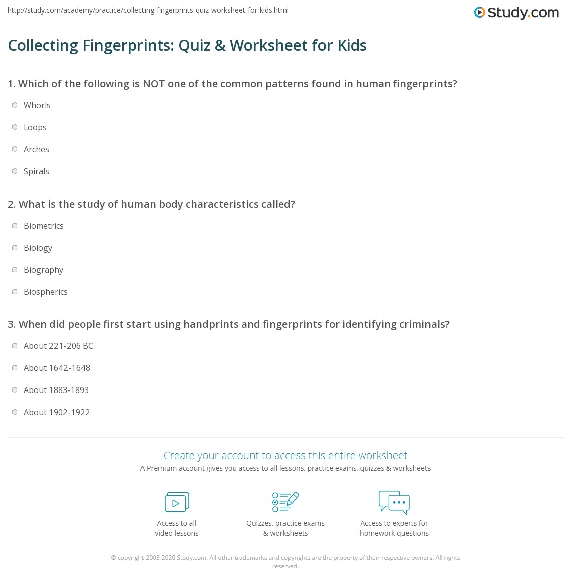Collecting Fingerprints Quiz Worksheet For Kids Study Fingerprints Crossword WordMint