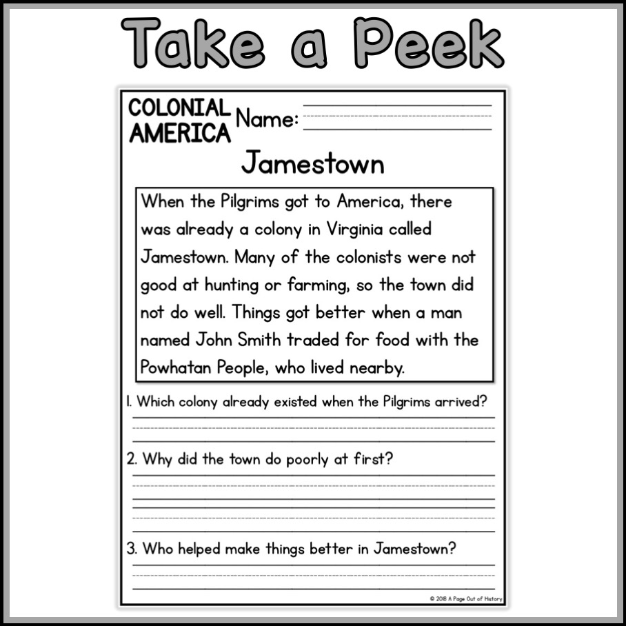 Colonial America Social Studies Reading Comprehension Passages K 2 Made By Teachers