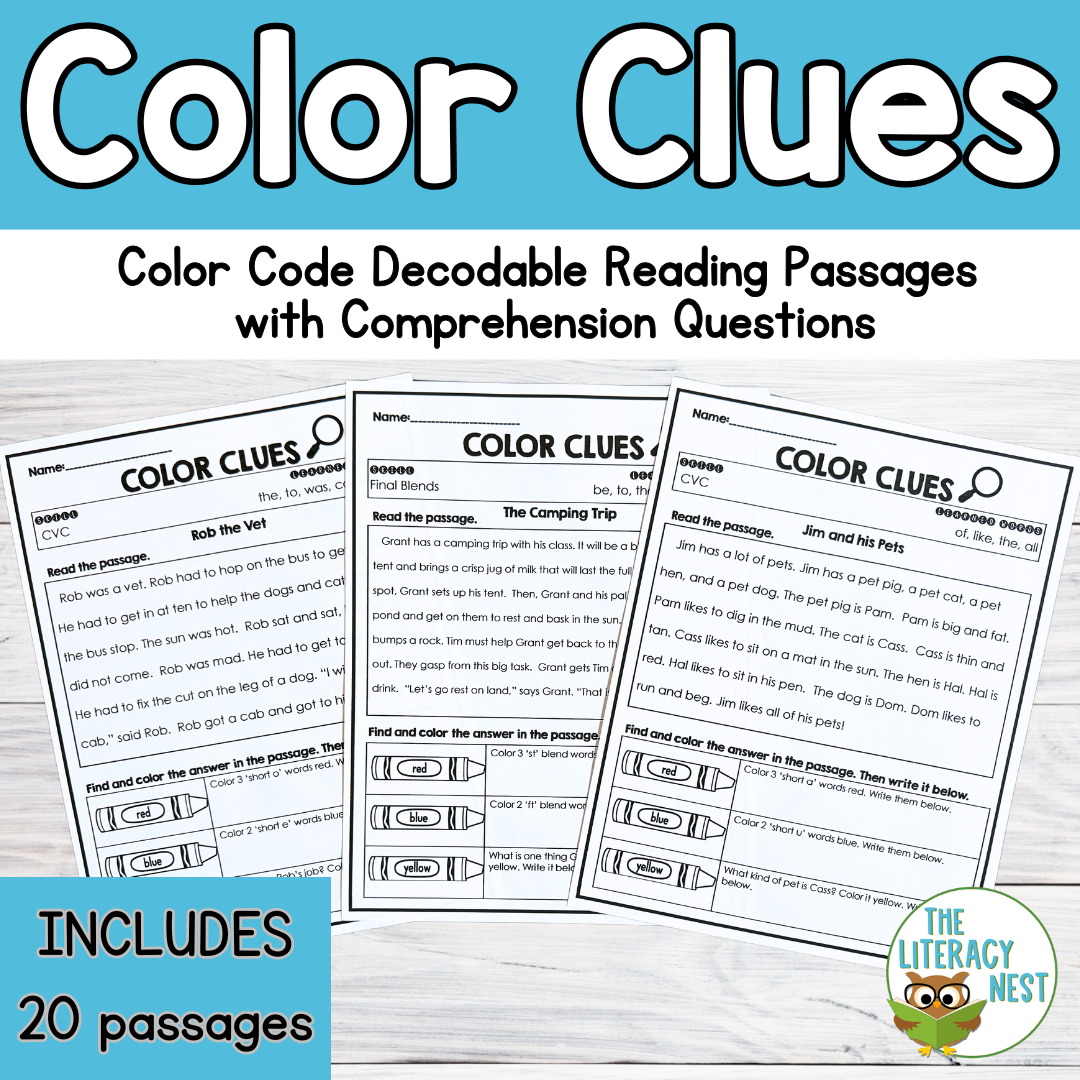 Color Code Decodable Reading Passages With Comprehension Questions The Literacy Nest