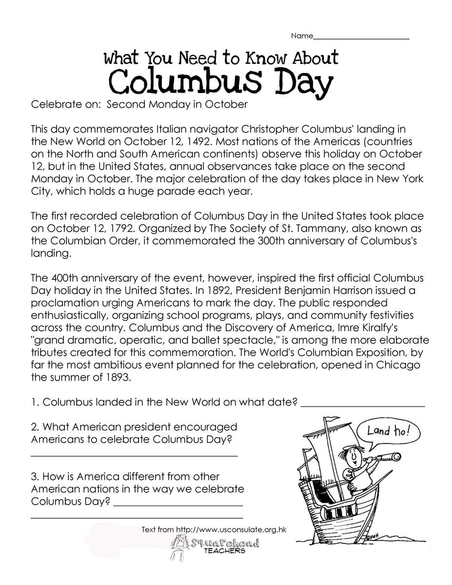 Columbus Day Free Worksheet Squarehead Teachers World War I Reading Packet By Teach Simple