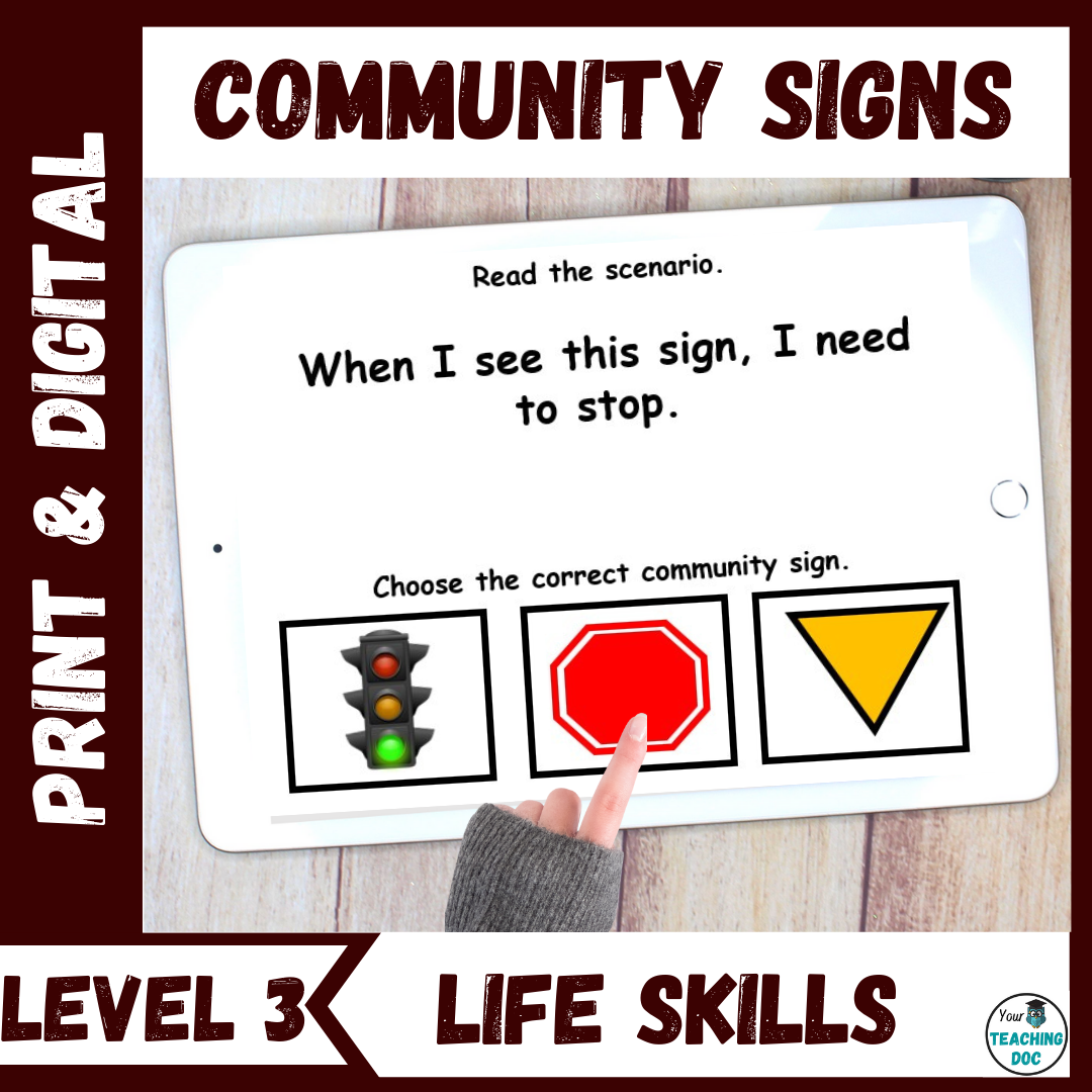 Community Signs Functional Life Skills Literacy PLUS Task Cards Level 3 Classful