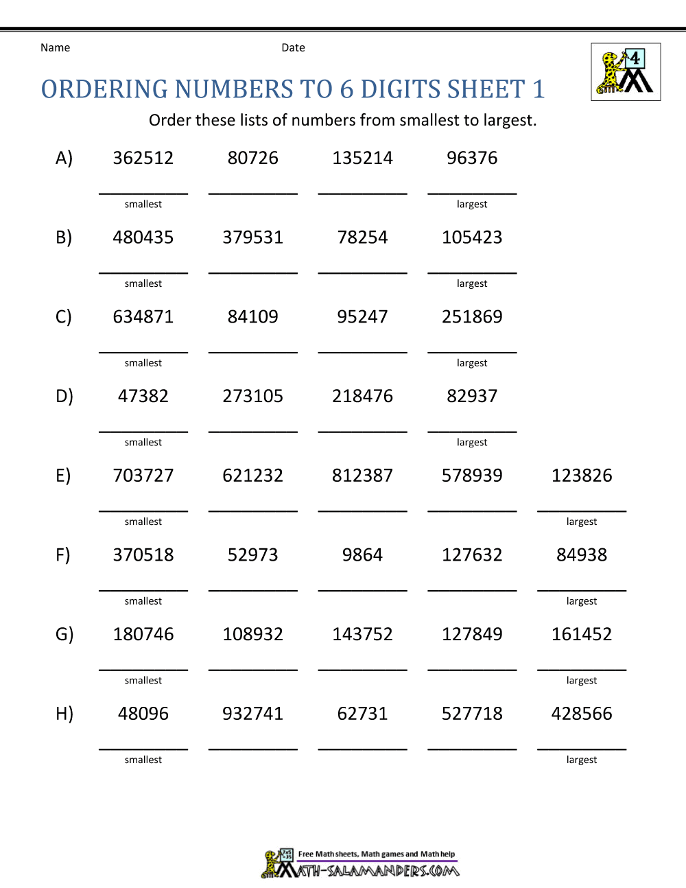 Comparing And Ordering Whole Numbers Worksheets Comparing And Ordering Whole Numbers Worksheets