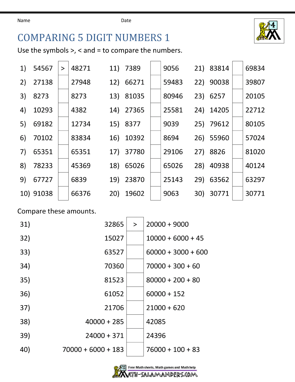 Comparing And Ordering Whole Numbers Worksheets