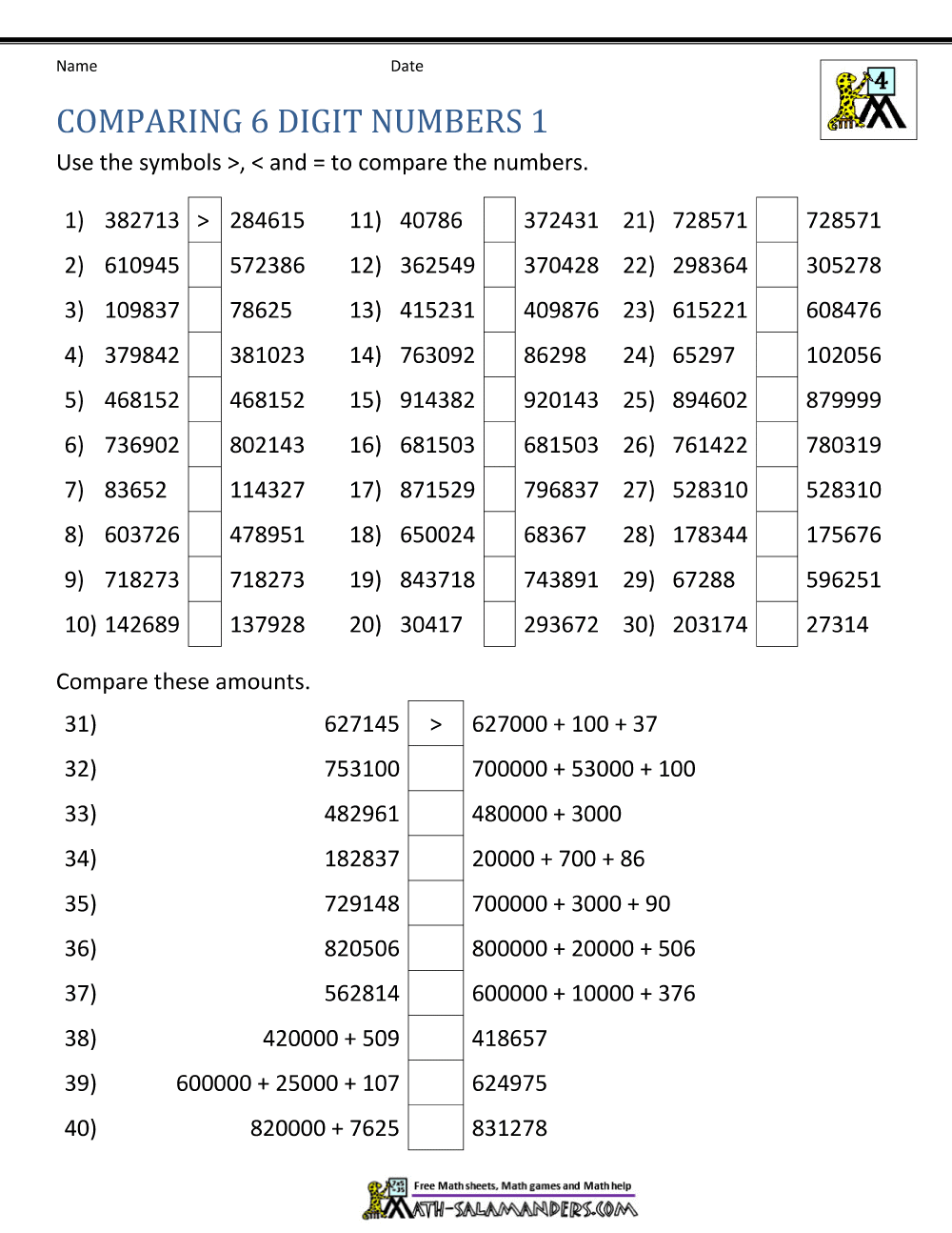 Comparing And Ordering Whole Numbers Worksheets Comparing And Ordering Whole Numbers Worksheets