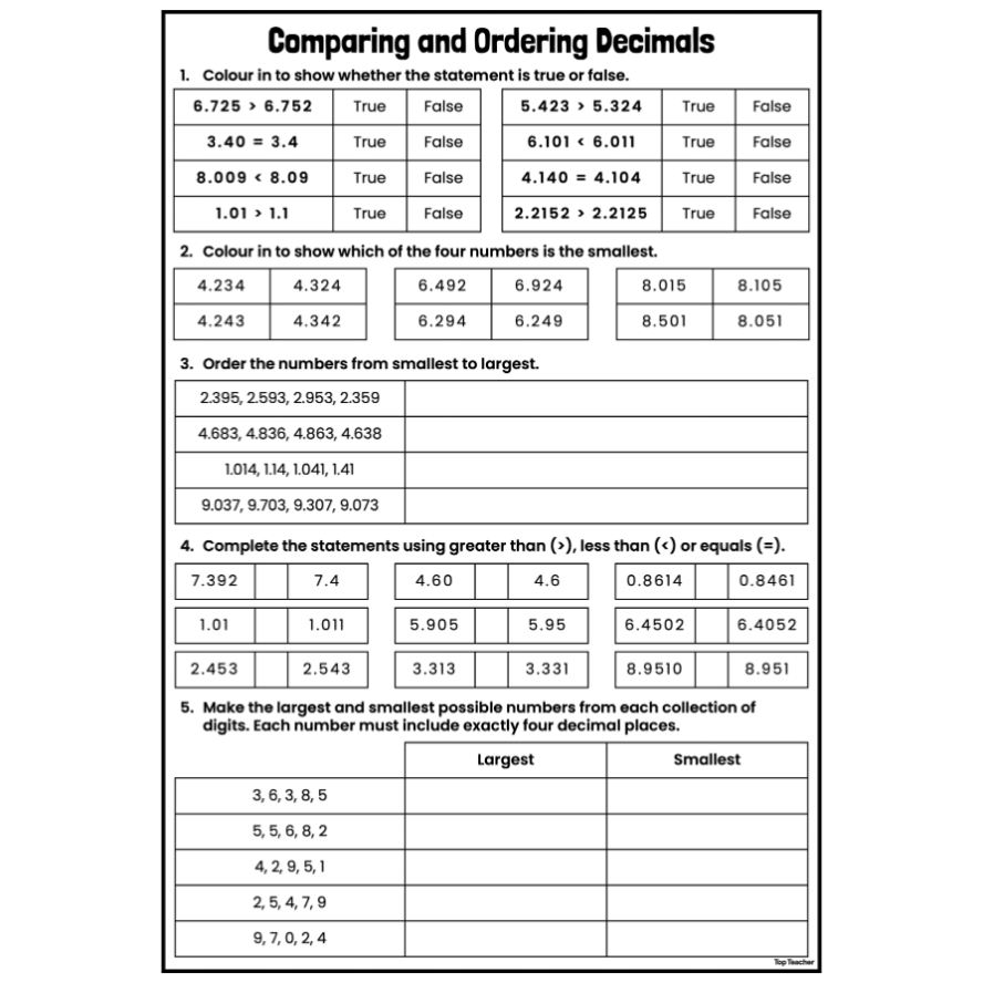 Comparing Ordering Decimals Tenths Hundredths Thousandths Worksheets Top Teacher Comparing Ordering Decimals Tenths Hundredths Thousandths Worksheets Top Teacher