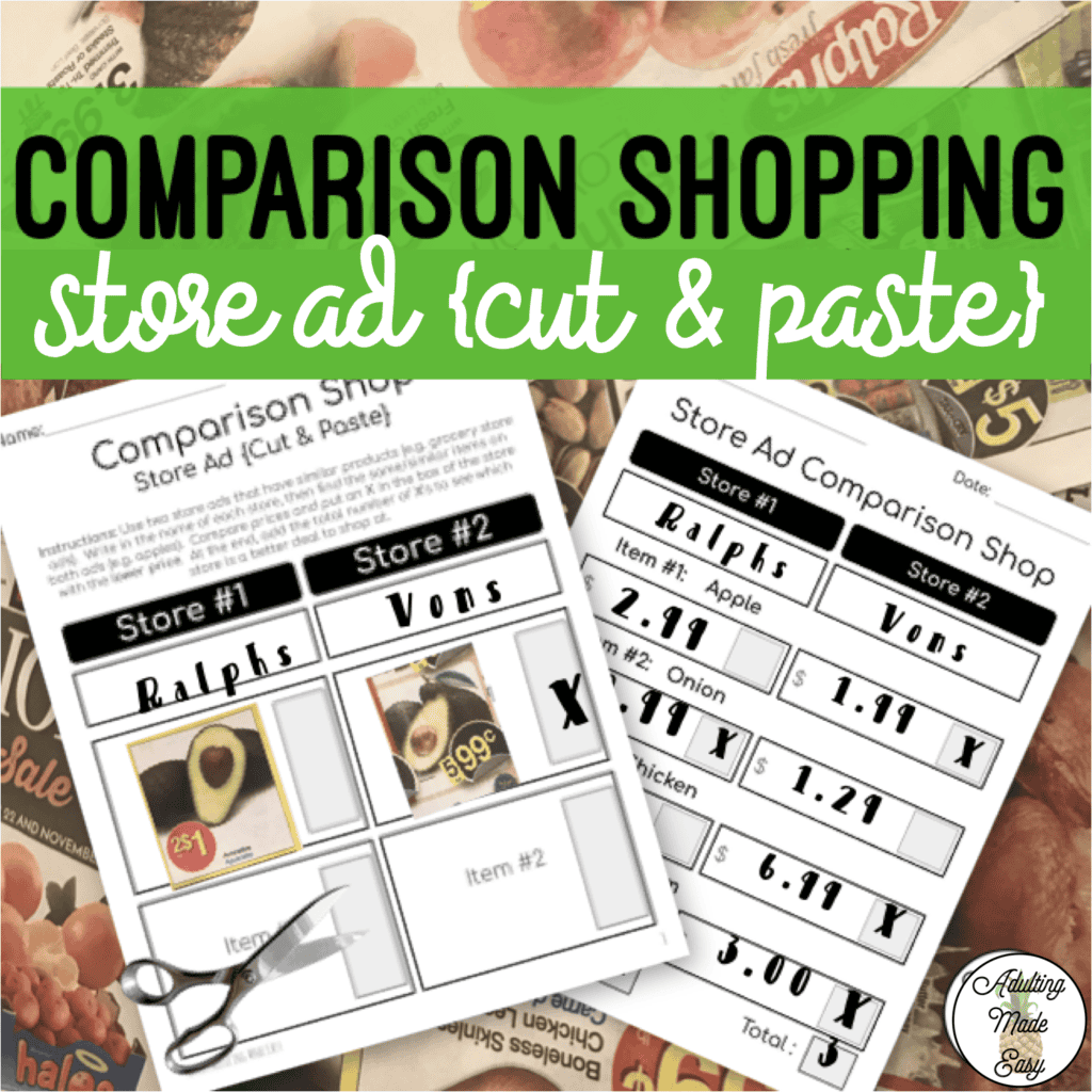 Comparison Shopping Store Ad Cut Paste Worksheets