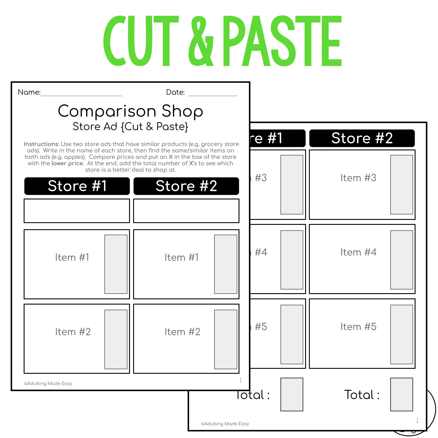 Comparison Shopping Store Ad Cut Paste Worksheets