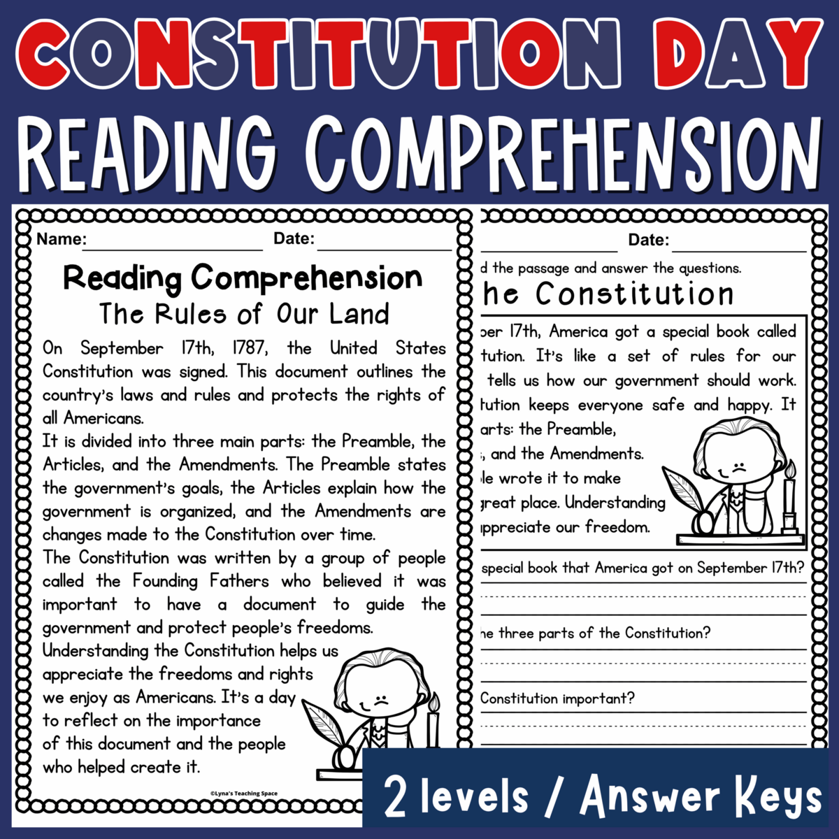 Constitution Day Reading Comprehension Passages Questions 2 Levels Made By Teachers Constitution Day Reading Comprehension Passages Questions 2 Levels Made By Teachers