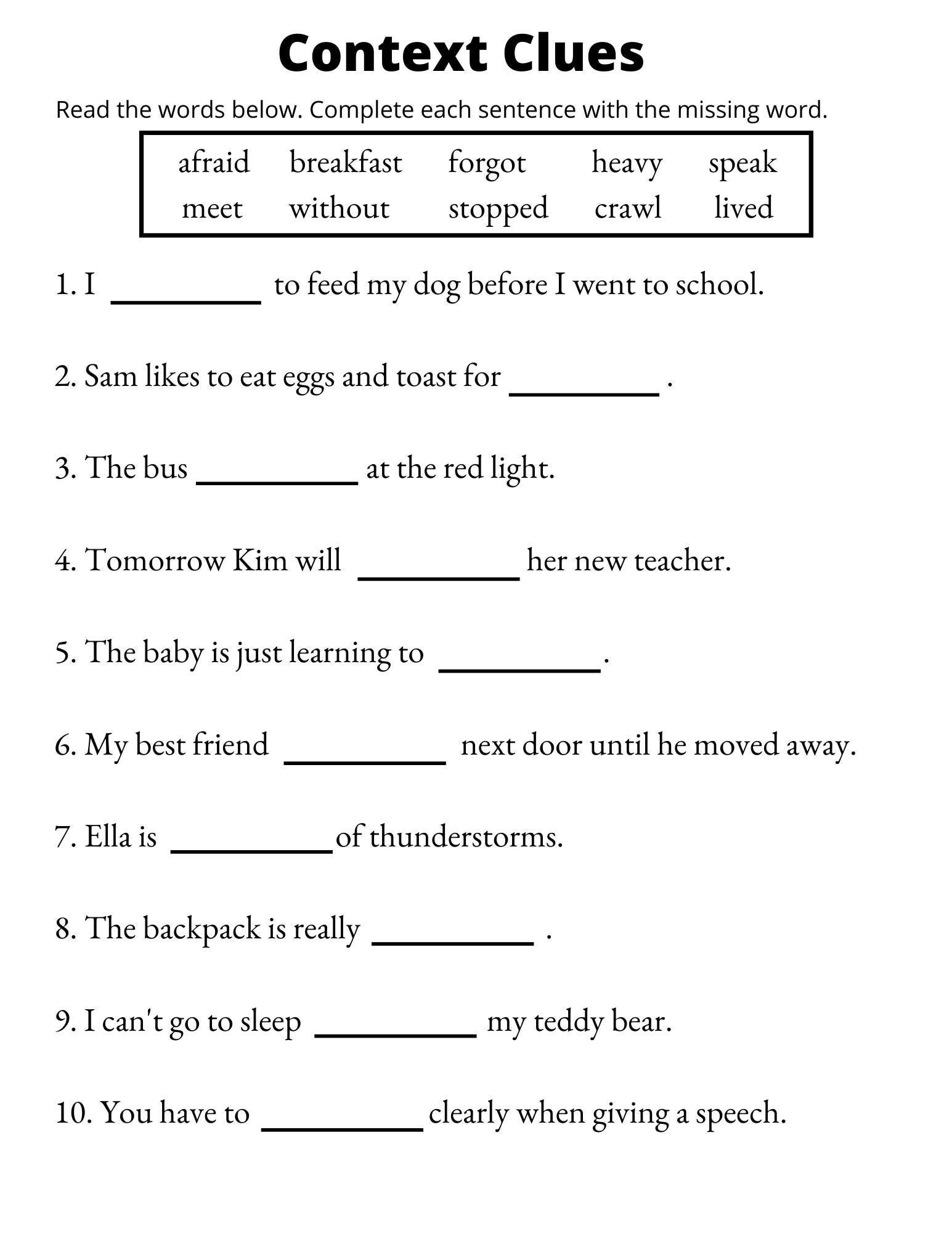 Using Context Clues Worksheet