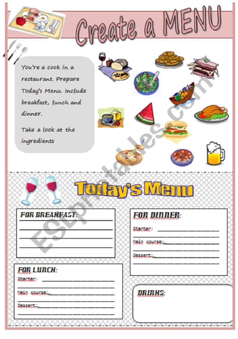 Create A Menu ESL Worksheet By Pastanaga Worksheets Library