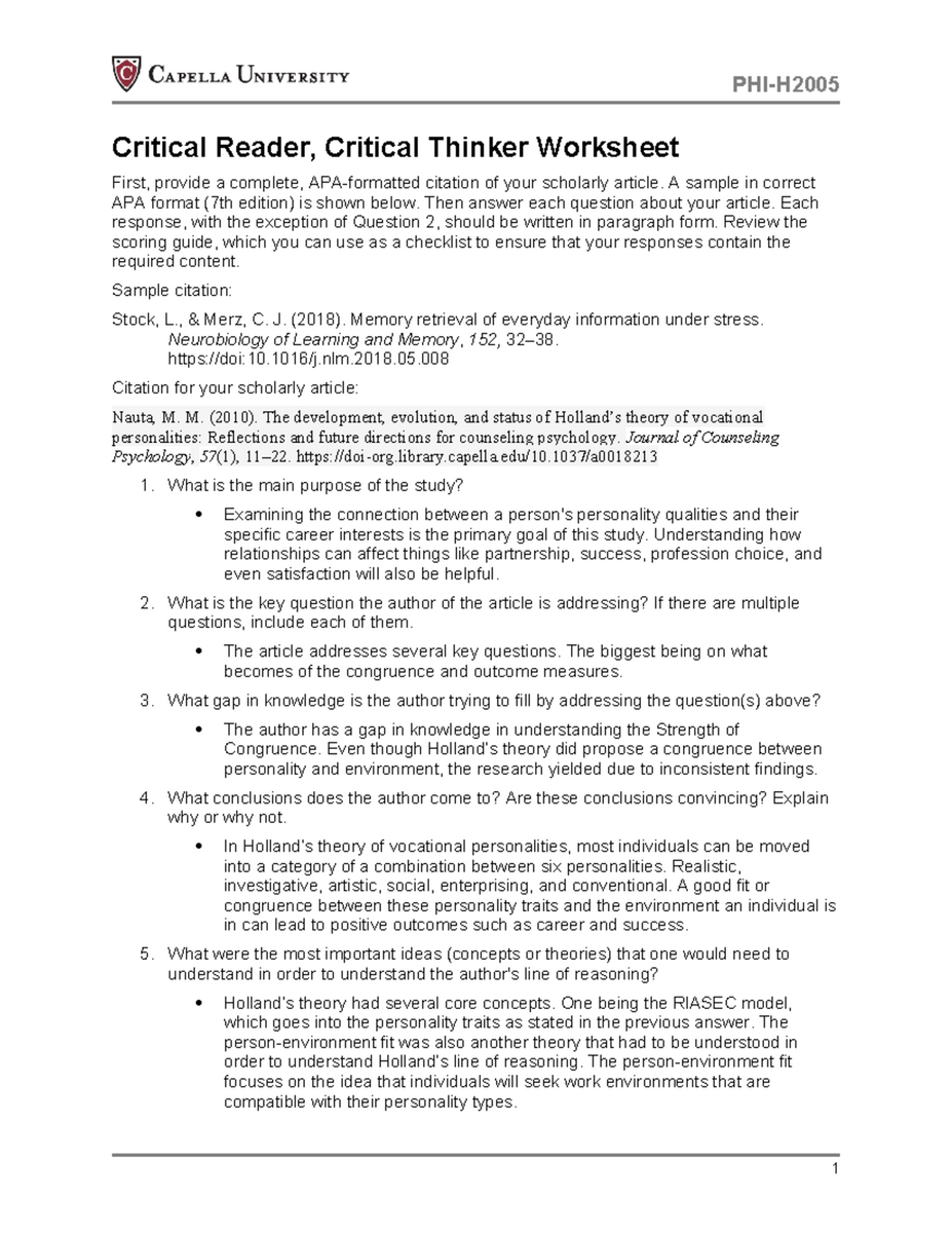 Critical Reader Critical Thinker Worksheet Analyzing Vocational Personality Studocu